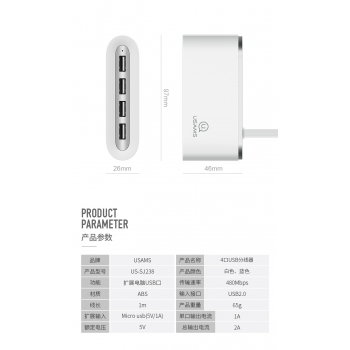 Usams Hub Multiports USB [US-SJ238] Hub comprenant 4 Ports USB 2.0 jusqu'à 480Mbps, Haute Vitesse, Plug and Play - Blanc