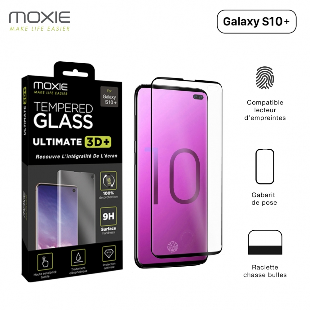 Moxie Protection d'écran Samsung Galaxy S10 Plus / S10+ en verre trempé compatible lecteur d'empreintes avec kit applicateur [Ultimate 3D+]