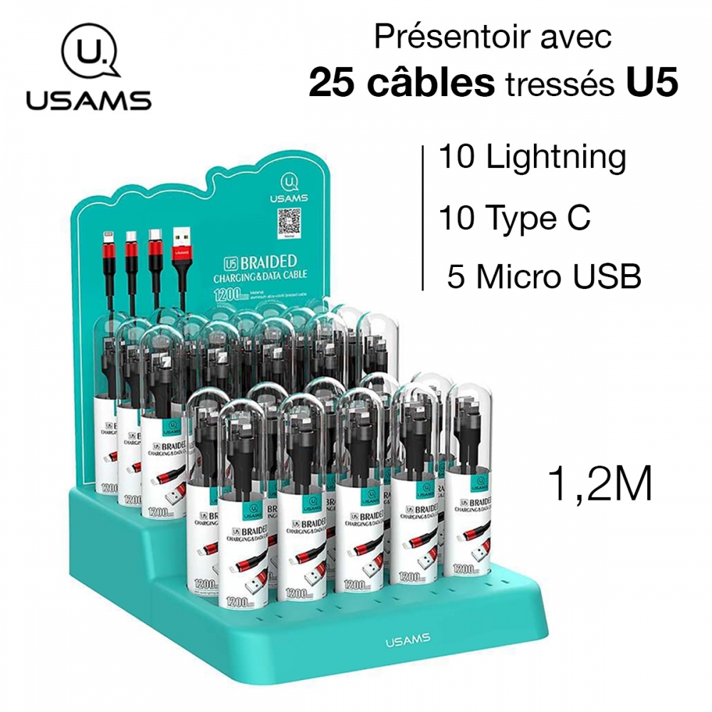 Présentoir 25 câbles tressés USAMS U5 (10 Lightning - 10 Type C - 5 Micro USB)