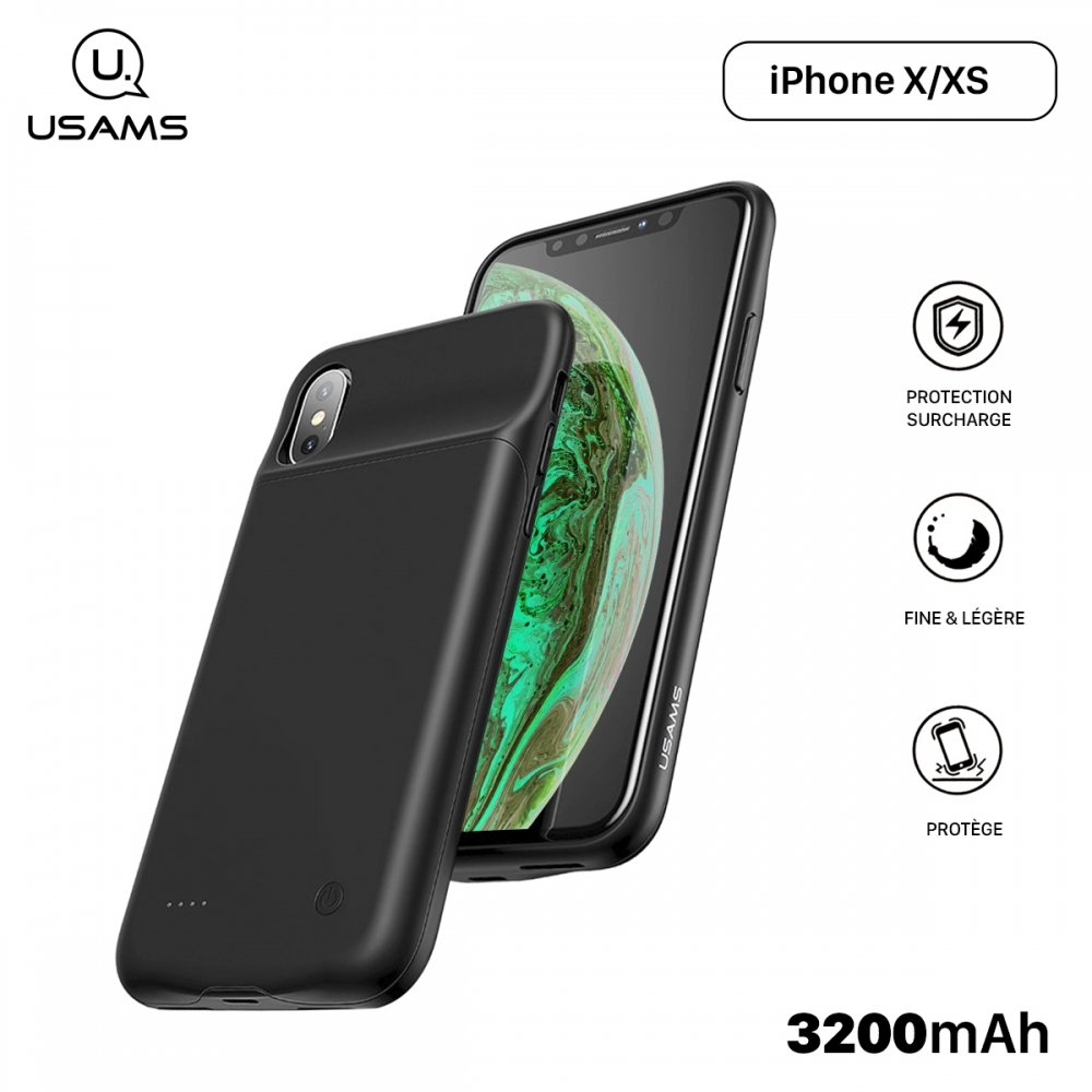 Usams Coque Batterie pour iPhone X/XS [Millie Series US-CD43] Coque Batterie 3200mAh Fine et Légère, Ultra Sécurisée pour iPhone XS 5.8" et iPhone X, Coque Renforcée contre les Impacts - Noir