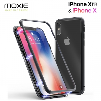 Coque Magnétique pour iPhone XS/X, Moxie [Bump Magnet] Coque Bumper en Métal Magnétique, Protection Intégrale, Verre Trempé à l'arrière, Coque pour iPhone XS 5.8" et iPhone X - Noir