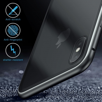 Coque Magnétique pour iPhone XS/X, Moxie [Bump Magnet] Coque Bumper en Métal Magnétique, Protection Intégrale, Verre Trempé à l'arrière, Coque pour iPhone XS 5.8" et iPhone X - Noir