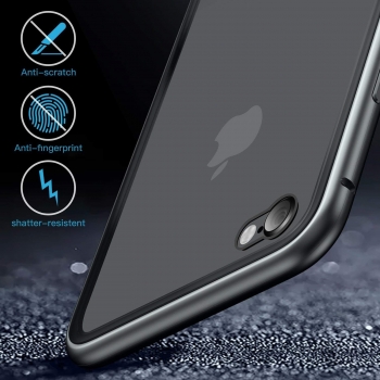 Coque Magnétique pour iPhone 7/8/SE 2020, Moxie [Bump Magnet] Coque Bumper en Métal Magnétique, Protection Intégrale, Verre Trempé à l'arrière, Coque pour iPhone 8, iPhone 7 et iPhone SE 2020 - Noir