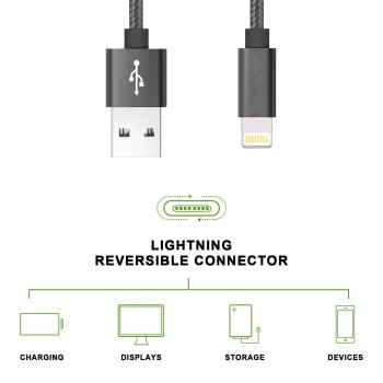 Câble Lightning, Moxie [DATANYLON] Câble Lightning renforcé en Nylon tressé supportant la Charge et la Synchronisation des données en 2A, longueur 200CM - Gris