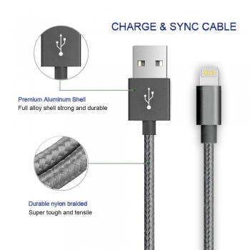 Câble Lightning, Moxie [DATANYLON] Câble Lightning renforcé en Nylon tressé supportant la Charge et la Synchronisation des données en 2A, longueur 100CM - Gris