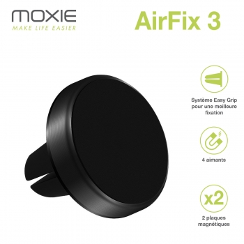 Support Voiture Universel Moxie AirFix 3 Push + Clip Grille de Ventillation avec 2 plaques magnétiques, Compatible GPS Coyote - Noir