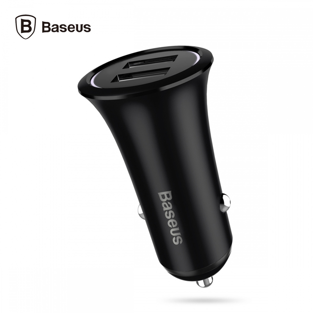 Chargeur Allume Cigare 2 USB, Baseus [CCLB-01] [Small Trumpet 5V/3.1A] 2 ports USB, Finition Métal, Compact, Indicateur LED [Black] - Noir