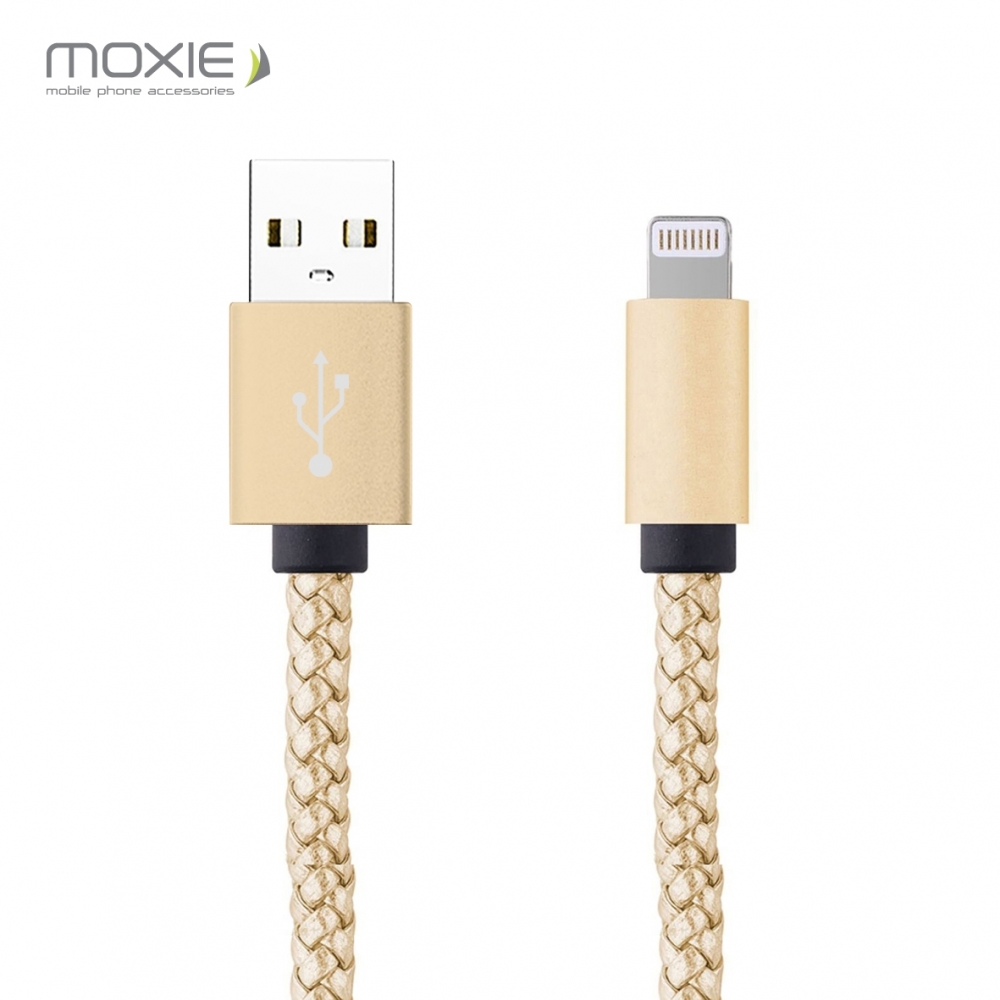 Câble data Moxie cuir tressé Gold compatible iPhone 5/5S/5C/SE/6/6S/6+/6S+/7/7+