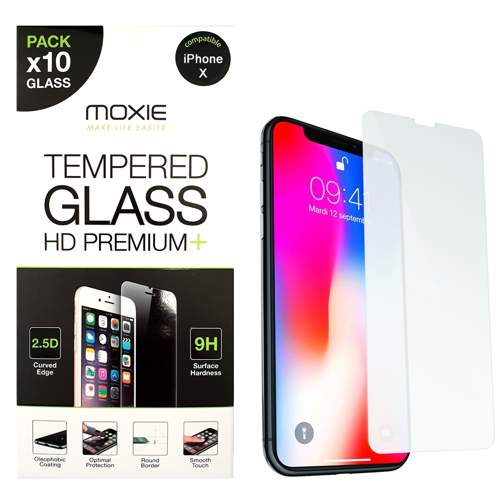 Pack x10** Protection d'écran en verre trempé iPhone X, Moxie [Glass HD  Premium+] [2.5D 9H] Film en verre véritable pour iPhone 10 - Transparent