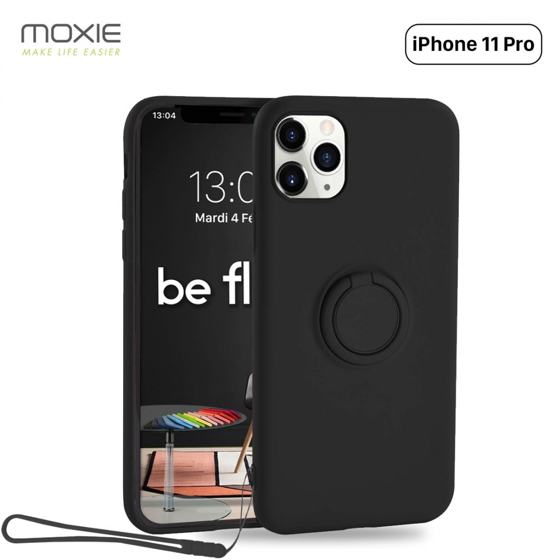 Moxie Coque iPhone 11 Pro [BeLoop®] - Coque Silicone Fine et Légère pour iPhone 11 Pro avec Ring Holder intégré - Intérieur Microfibre, Coque Anti-chocs et Anti-rayures pour iPhone 11 Pro  - NOIR