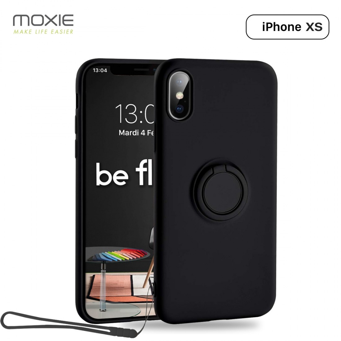 Moxie Coque iPhone X/XS [BeLoop®] - Coque Silicone Fine et Légère pour iPhone X/XS avec Ring Holder intégré - Intérieur Microfibre, Coque Anti-chocs et Anti-rayures pour iPhone X/XS  - NOIR