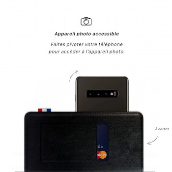 Le Berverly, Étui Folio Universel avec porte-carte, [PU Luxe Noir] système rotatif adhésif 3M repositionnable Accès appareil photo Rapide et Facile, Taille L