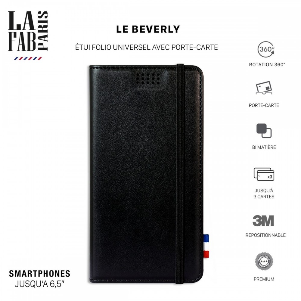 Le Berverly, Étui Folio Universel avec porte-carte, [PU Luxe Noir] système rotatif adhésif 3M repositionnable Accès appareil photo Rapide et Facile, Taille XL