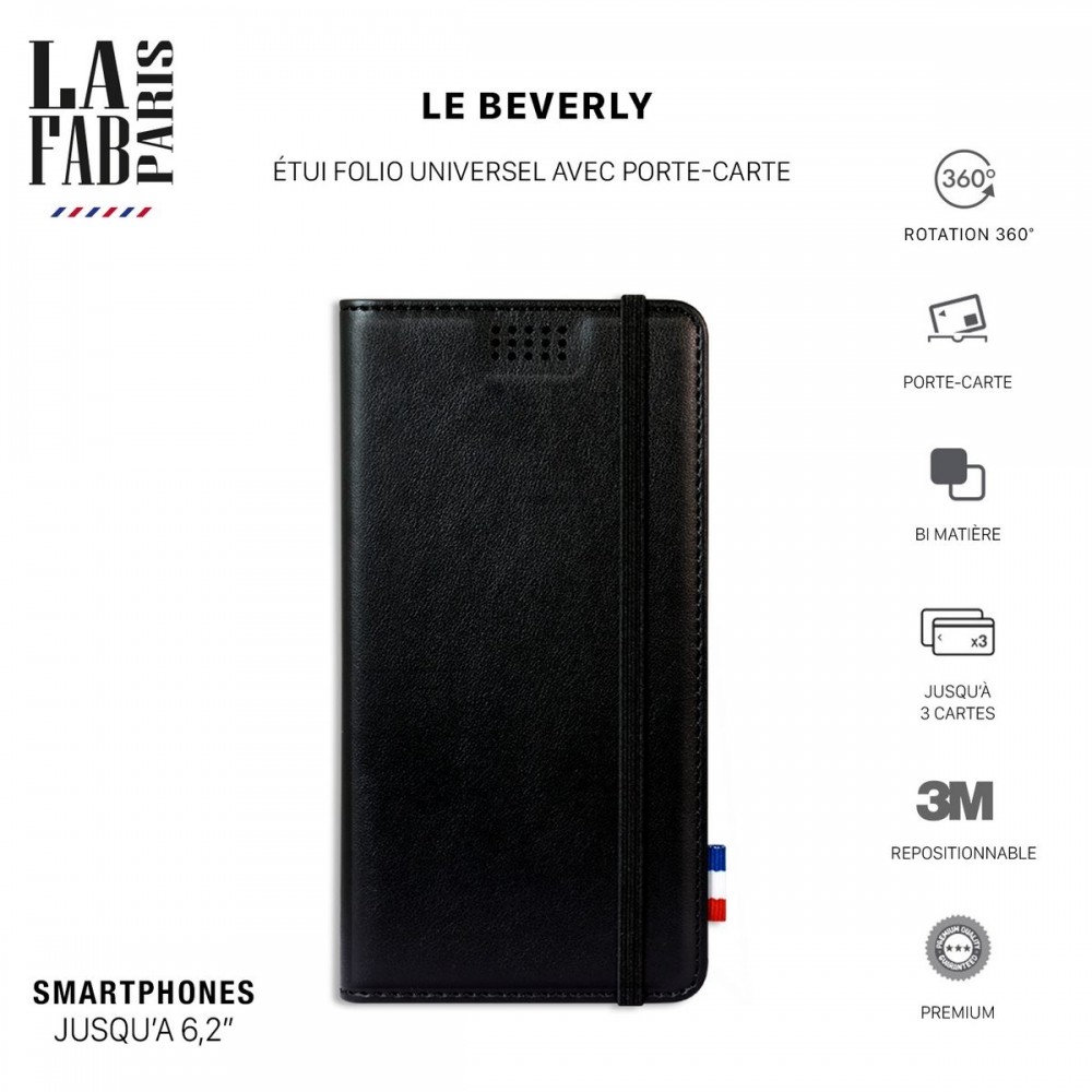 Le Berverly, Étui Folio Universel avec porte-carte, [PU Luxe Noir] système rotatif adhésif 3M repositionnable Accès appareil photo Rapide et Facile, Taille L