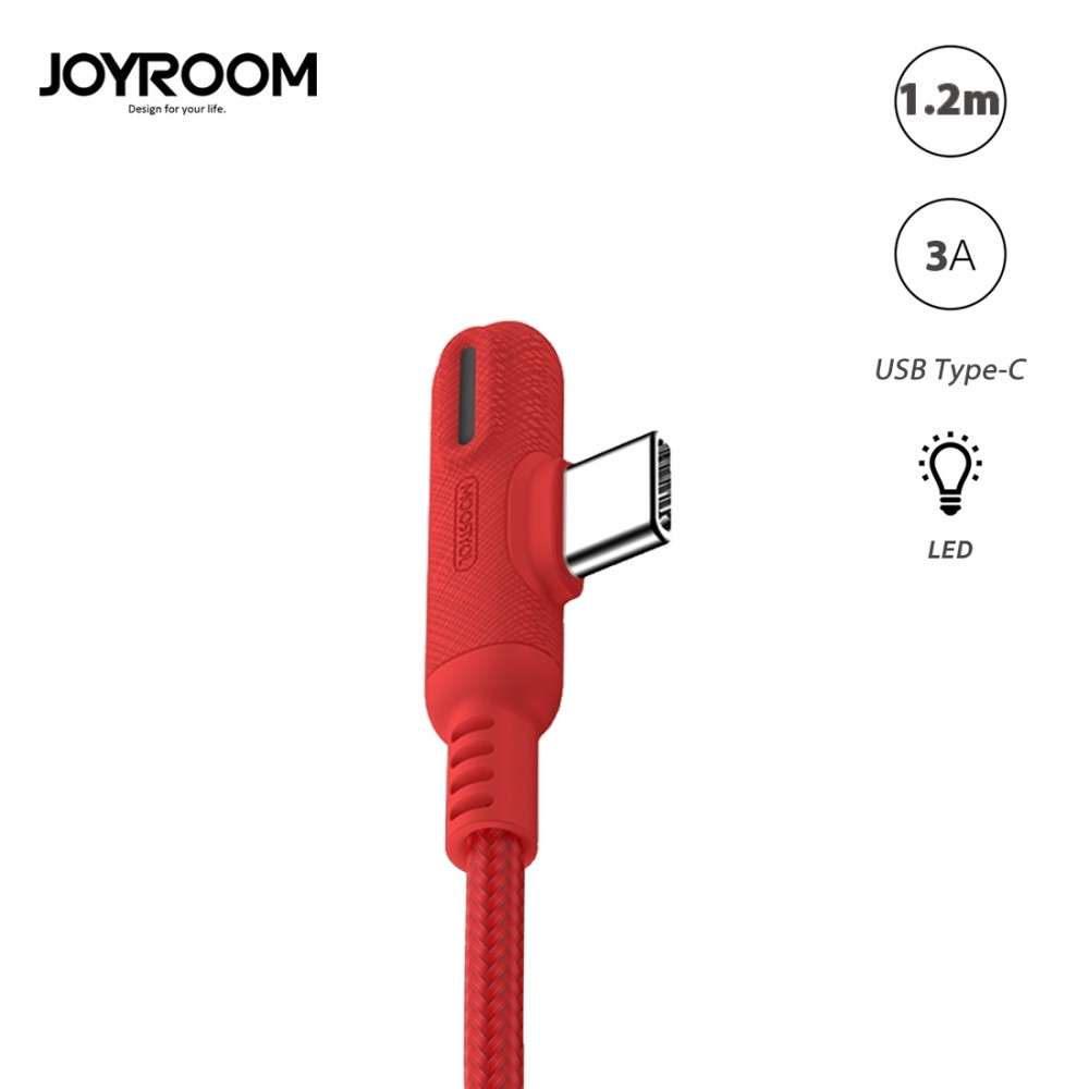 Câble USB Type-C Coudé 90° Joyroom S-M392 Longueur 1.2M, Sortie 3A, Câble renforcé en Nylon tressé pour appareils Type-C - Rouge