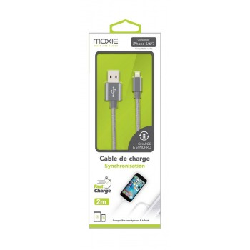 Câble Lightning, Moxie [DATANYLON] Câble Lightning renforcé en Nylon tressé supportant la Charge et la Synchronisation des données en 2A, longueur 200CM - Gris
