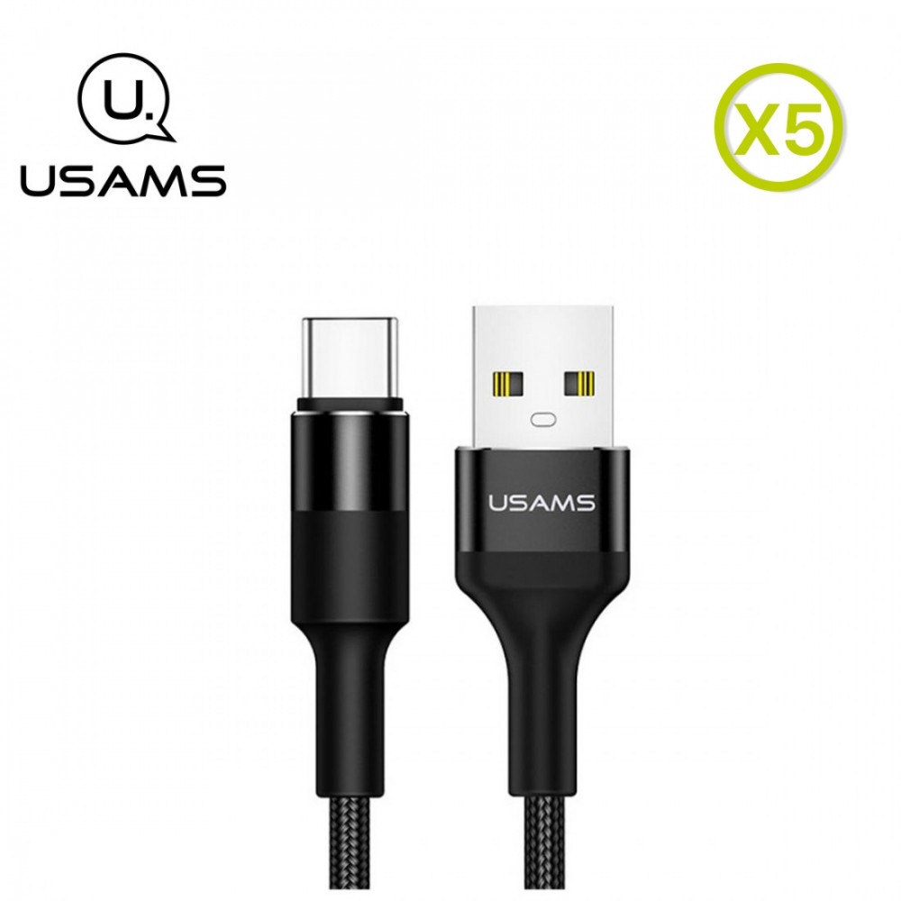 PACK DE 5 Câbles Type C, USAMS [USAMSTUBE] Câble Type-C renforcé en Nylon tressé supportant la Charge et la Synchronisation des données en 2A, longueur 120CM - Noir