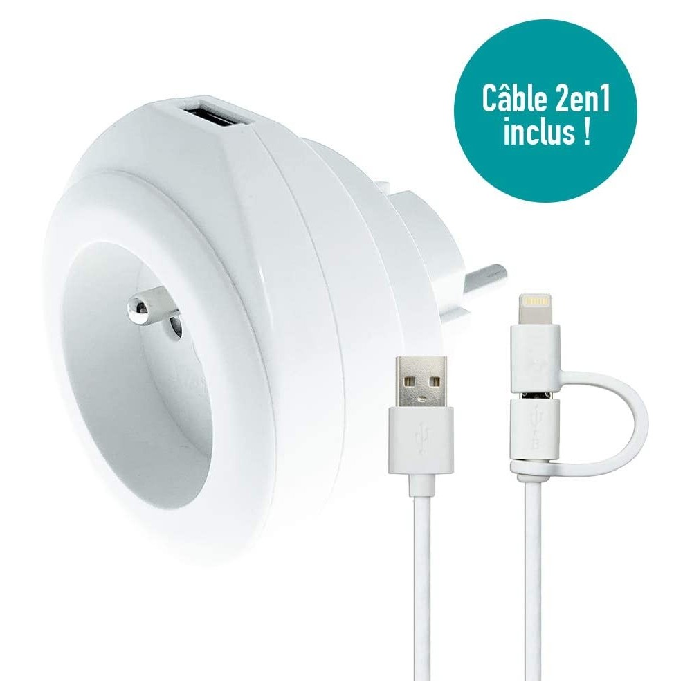 WATT&CO Prise + USB 2.4A +cable Roll Up couleur Blanc CH220-USB-BLC-B