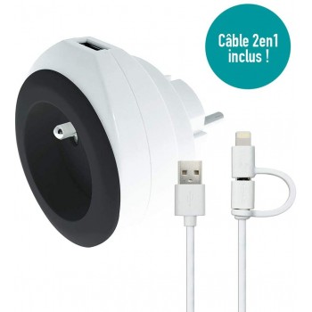 WATT&CO Prise + USB 2.4A +cable Roll Up couleur Noire CH220-USB-NR-B