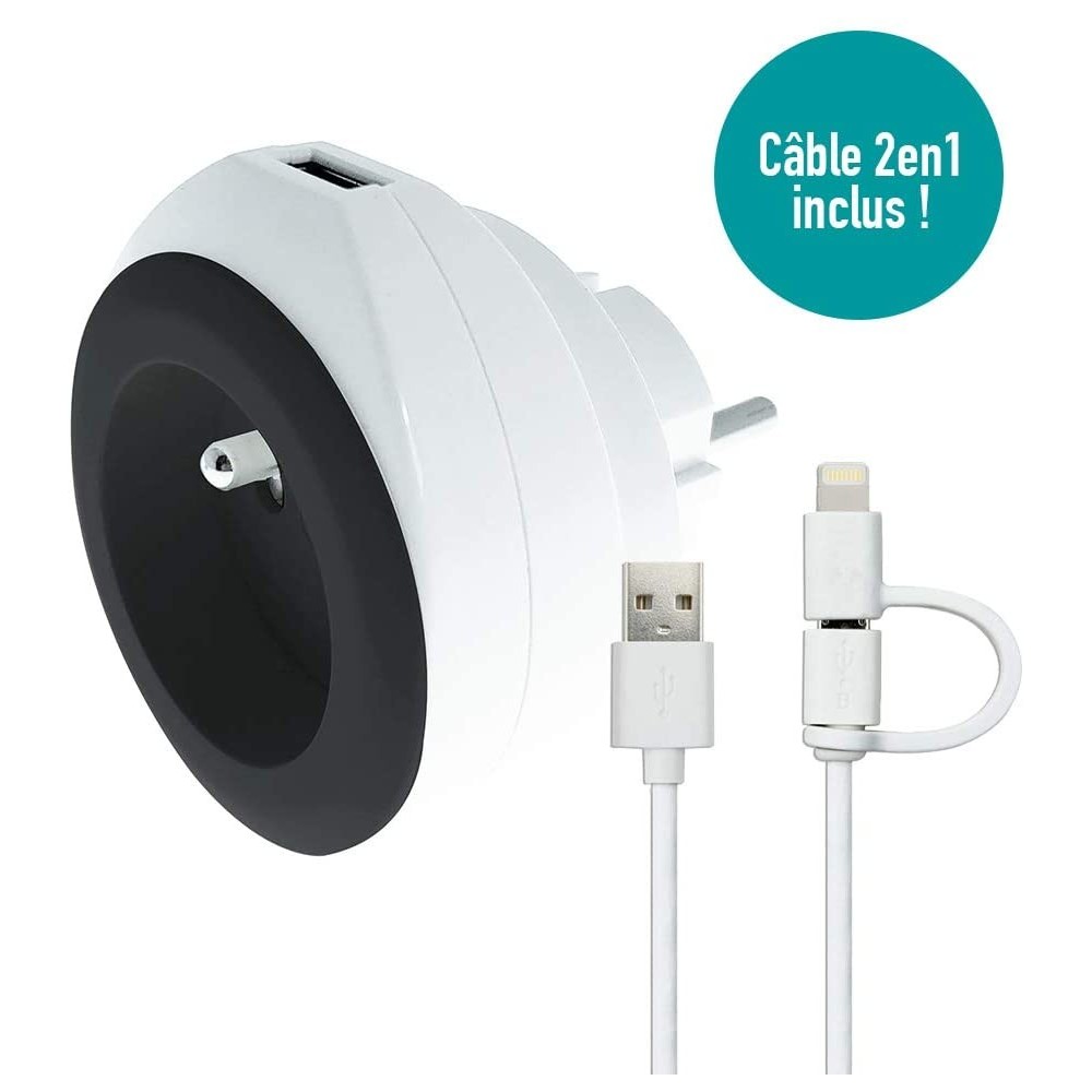 WATT&CO Prise + USB 2.4A +cable Roll Up couleur Noire CH220-USB-NR-B