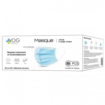 Boite de 50 Masque 3 PLIS TYPE I médical EN14683 - boite Vog Protect