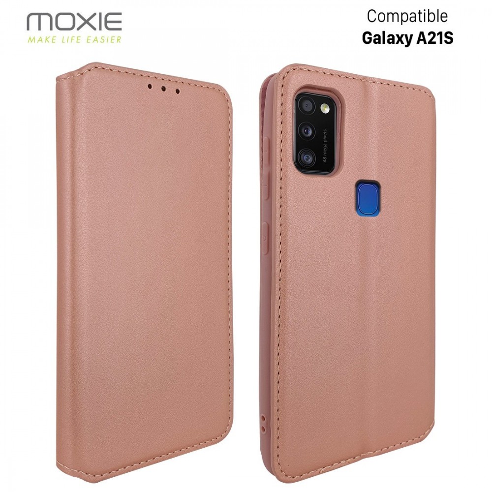 Etui portefeuille Moxie en cuir PU avec fonction vidéo pour Galaxy A21S - Rose