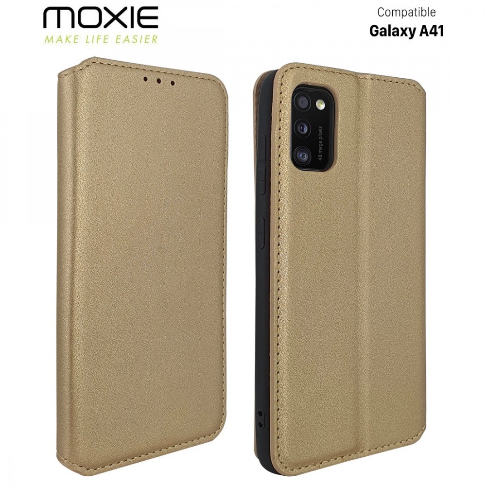 Etui portefeuille Moxie en cuir PU avec fonction vidéo pour Galaxy A41 - OR