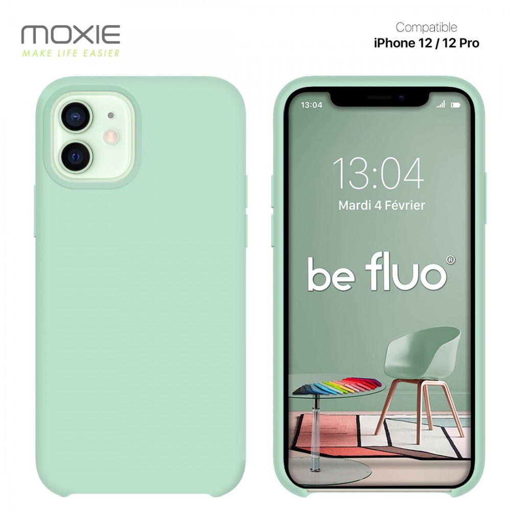 Moxie Coque silicone iPhone 12 / 12 Pro 6.1" [BeFluo] - Intérieur Microfibre, Coque Anti-chocs et Anti-rayures pour iPhone 12 / 12 Pro 6.1" - Menthe