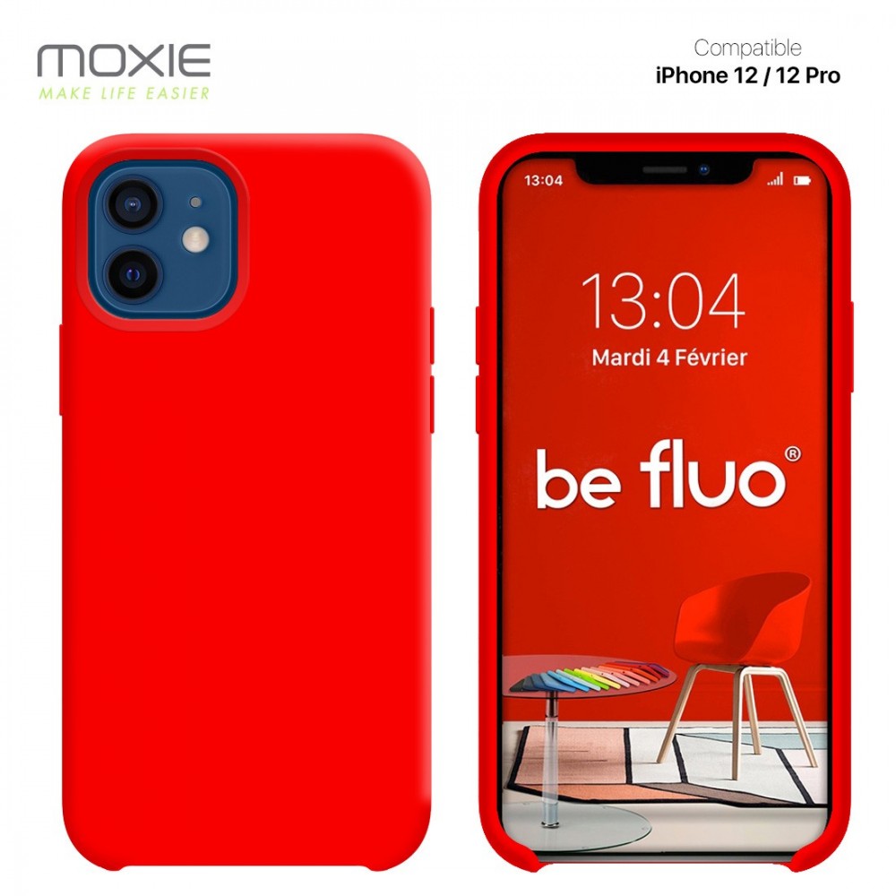 Moxie Coque silicone iPhone 12 / 12 Pro 6.1" [BeFluo] - Intérieur Microfibre, Coque Anti-chocs et Anti-rayures pour iPhone 12 / 12 Pro 6.1" - Rouge