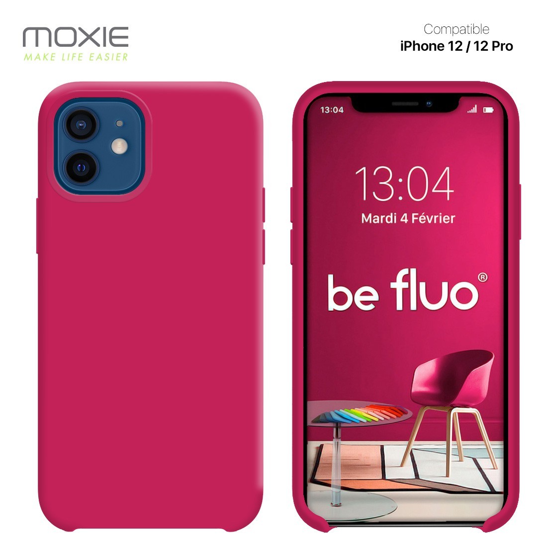 Moxie Coque silicone iPhone 12 / 12 Pro 6.1" [BeFluo] - Intérieur Microfibre, Coque Anti-chocs et Anti-rayures pour iPhone 12 / 12 Pro 6.1" - Framboise