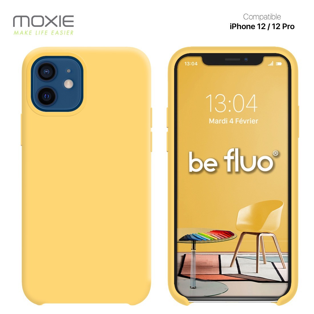Moxie Coque silicone iPhone 12 / 12 Pro 6.1" [BeFluo] - Intérieur Microfibre, Coque Anti-chocs et Anti-rayures pour iPhone 12 / 12 Pro 6.1" - Jaune