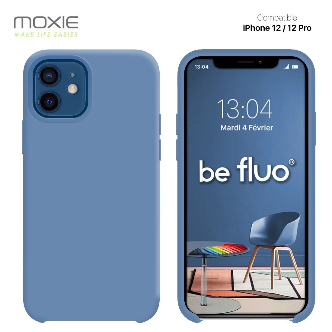 Moxie Coque silicone iPhone 12 / 12 Pro 6.1" [BeFluo] - Intérieur Microfibre, Coque Anti-chocs et Anti-rayures pour iPhone 12 / 12 Pro 6.1" - Bleu acier