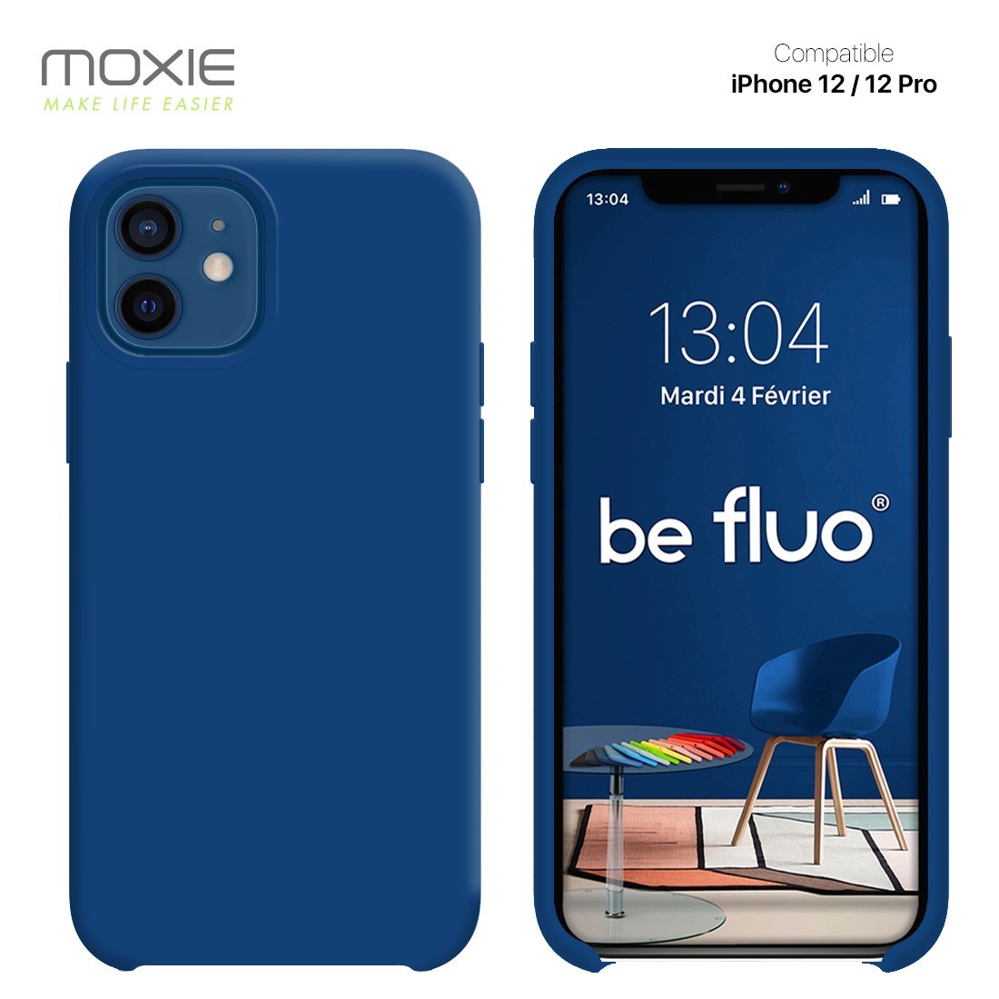 Moxie Coque silicone iPhone 12 / 12 Pro 6.1" [BeFluo] - Intérieur Microfibre, Coque Anti-chocs et Anti-rayures pour iPhone 12 / 12 Pro 6.1" - Bleu marine