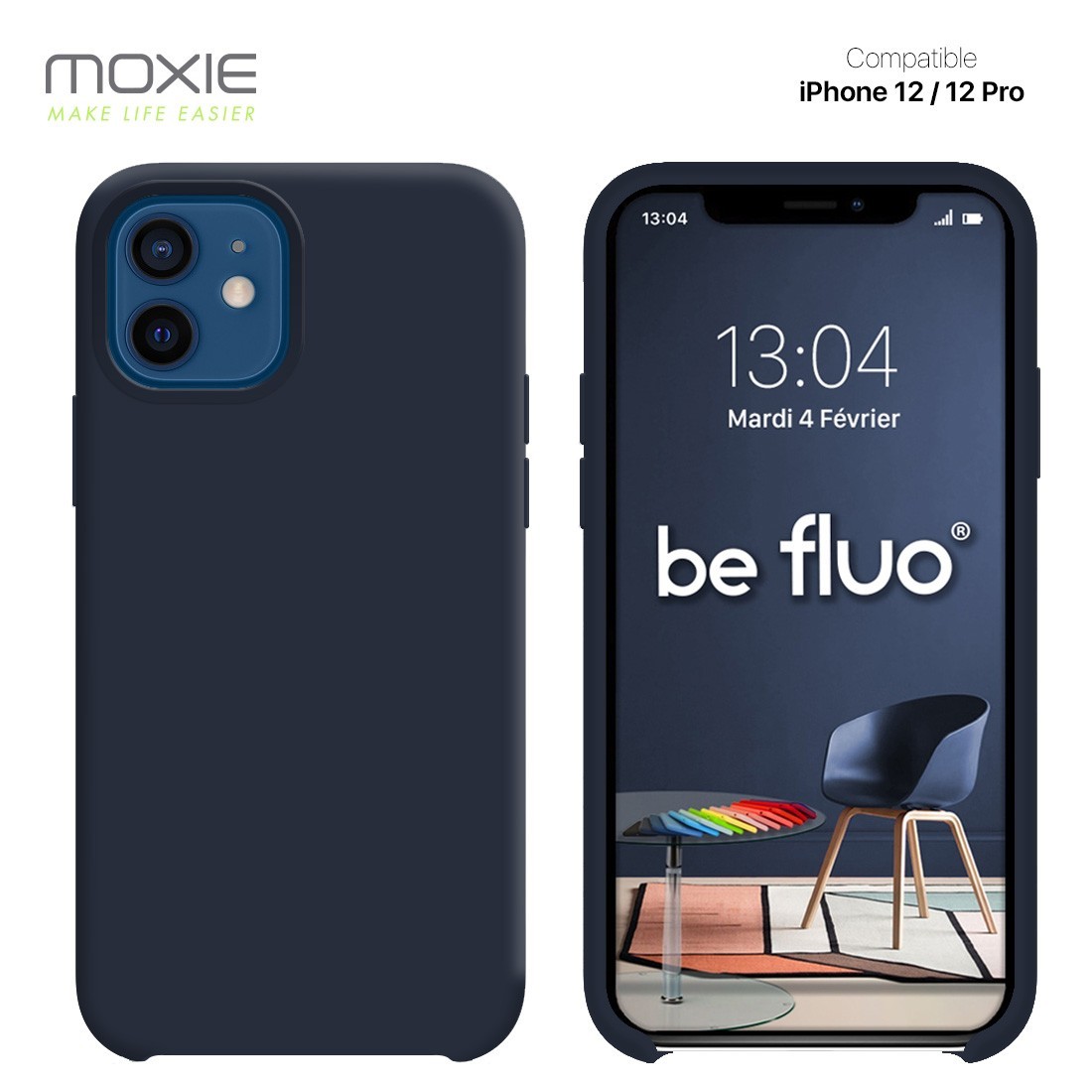 Moxie Coque silicone iPhone 12 / 12 Pro 6.1" [BeFluo] - Intérieur Microfibre, Coque Anti-chocs et Anti-rayures pour iPhone 12 / 12 Pro 6.1" - Bleu fonçé