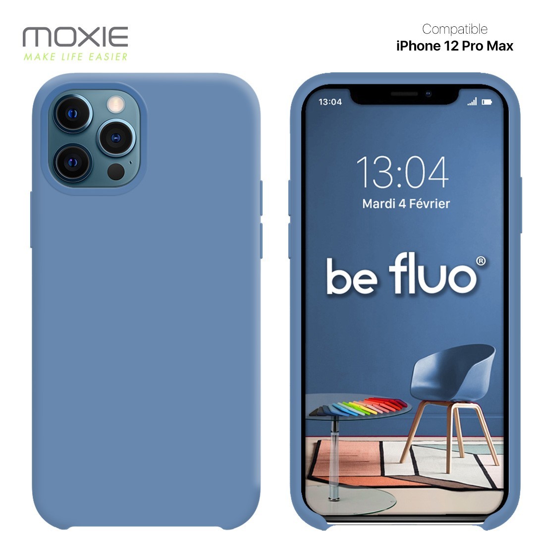 Moxie Coque silicone iPhone 12 Pro Max 6.7" [BeFluo] - Intérieur Microfibre, Coque Anti-chocs et Anti-rayures pour iPhone 12 Pro Max 6.7" - Bleu acier