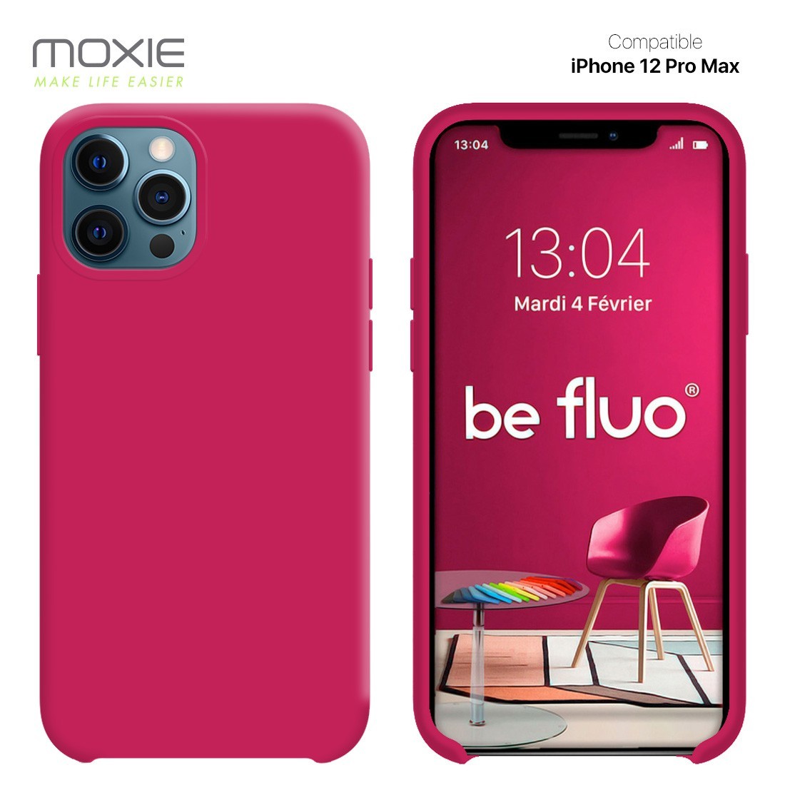 Moxie Coque silicone iPhone 12 Pro Max 6.7" [BeFluo] - Intérieur Microfibre, Coque Anti-chocs et Anti-rayures pour iPhone 12 Pro Max 6.7" - Framboise