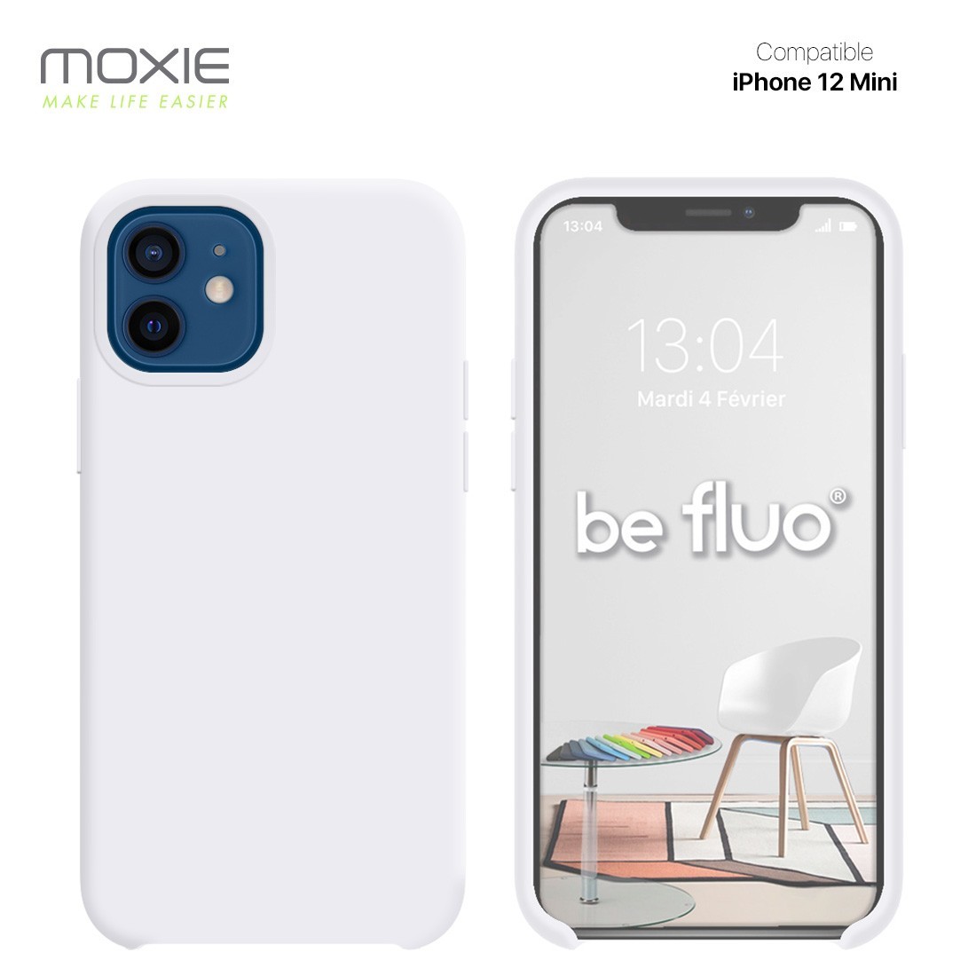 Moxie Coque silicone iPhone 12 mini 5.4" [BeFluo] - Intérieur Microfibre, Coque Anti-chocs et Anti-rayures pour iPhone 12 Mini 5.4" - Blanc