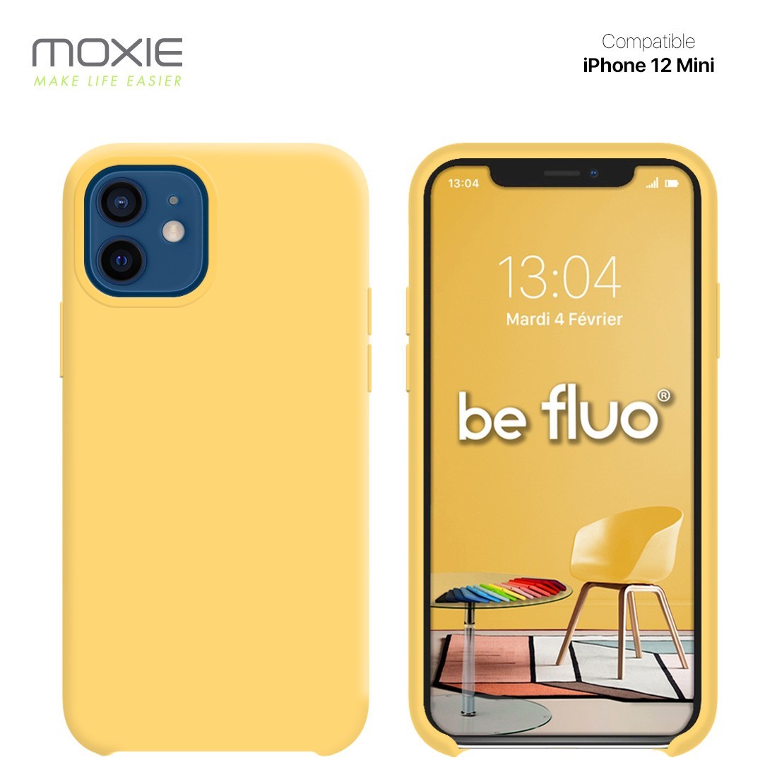 Moxie Coque silicone iPhone 12 mini 5.4" [BeFluo] - Intérieur Microfibre, Coque Anti-chocs et Anti-rayures pour iPhone 12 Mini 5.4" - Jaune