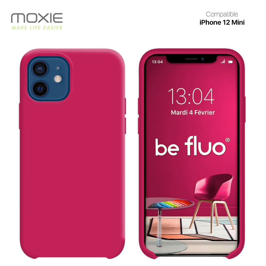 Moxie Coque silicone iPhone 12 mini 5.4" [BeFluo] - Intérieur Microfibre, Coque Anti-chocs et Anti-rayures pour iPhone 12 Mini 5.4" - Framboise