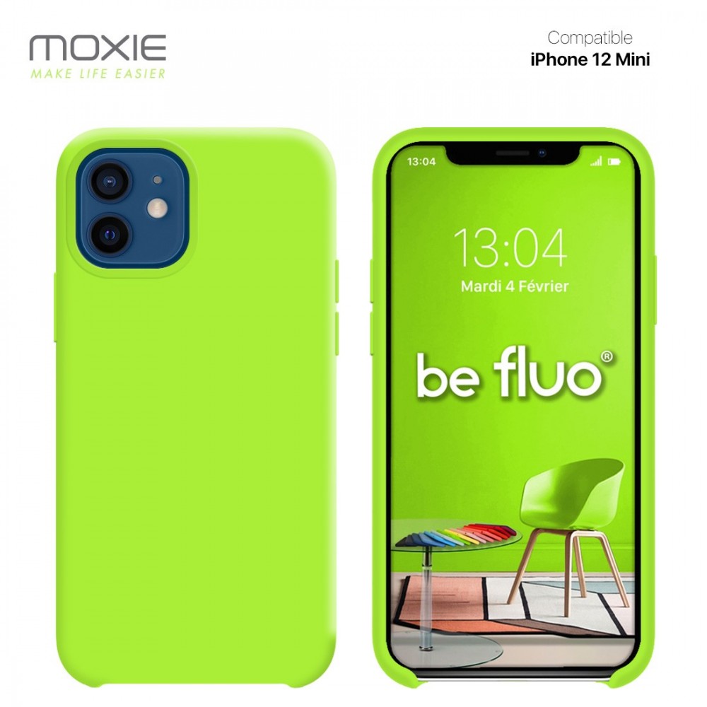 Moxie Coque silicone iPhone 12 mini 5.4" [BeFluo] - Intérieur Microfibre, Coque Anti-chocs et Anti-rayures pour iPhone 12 Mini 5.4" - Vert pomme