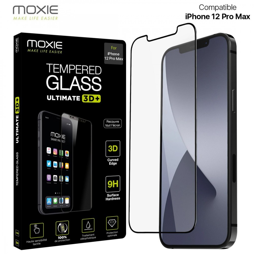 Moxie Verre Trempé iPhone 12 Pro Max 6.7" [Ultimate 3D+] Protection d'écran Complète en Verre Trempé 9H Ultra Clair, Anti-rayures et Anti-traces de doigts, Compatible Face ID pour iPhone 12 Pro Max