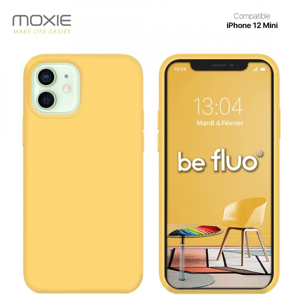 Moxie Coque silicone iPhone 12 Mini [BeFluo Full Protect] - Intérieur Microfibre, Coque Anti-chocs et Anti-rayures pour iPhone 12 Mini - Jaune