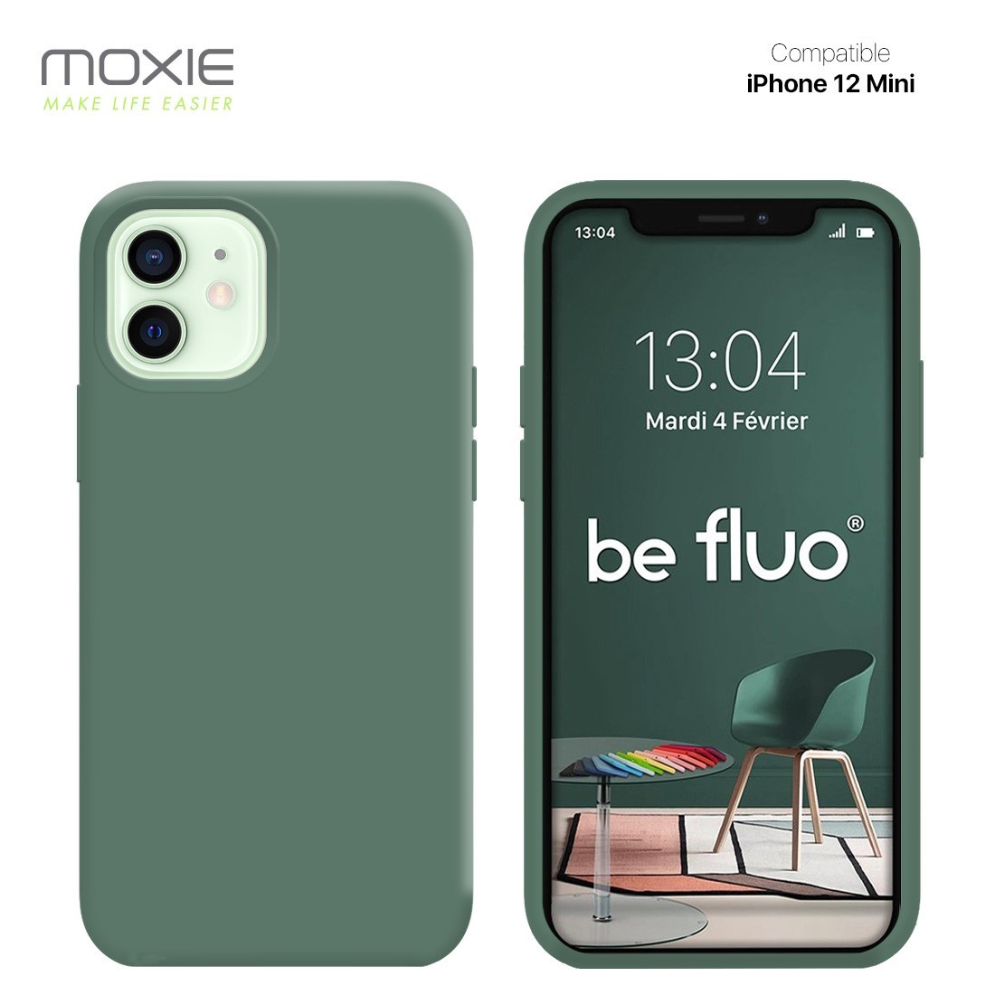 Moxie Coque silicone iPhone 12 Mini  [BeFluo Full Protect] - Intérieur Microfibre, Coque Anti-chocs et Anti-rayures pour iPhone 12 Mini - Pin Vert