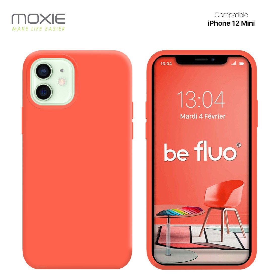 Moxie Coque silicone iPhone 12 Mini  [BeFluo Full Protect] - Intérieur Microfibre, Coque Anti-chocs et Anti-rayures pour iPhone 12 Mini - Nectarine