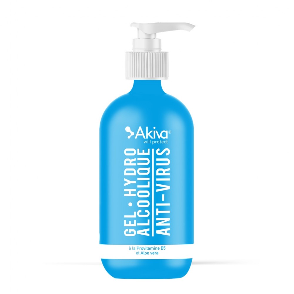 Gel Hydro alcoolique Akiva format Pompe 500ml - 74% d'alcool - Bleu
