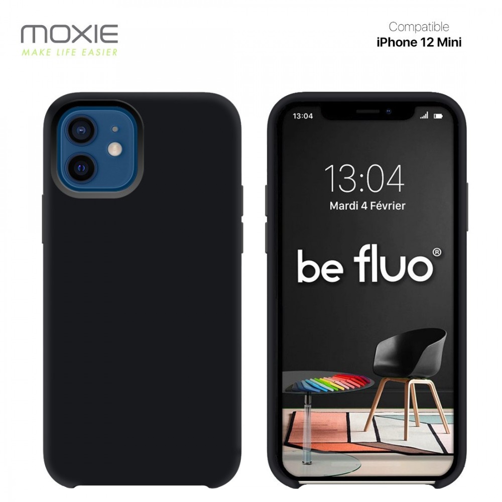 Moxie Coque silicone iPhone 12 Mini [BeFluo Full Protect] - Intérieur Microfibre, Coque Anti-chocs et Anti-rayures pour iPhone 12 Mini - Noir