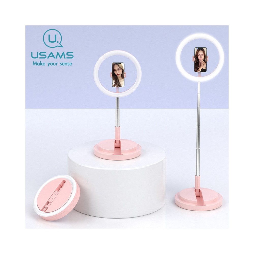 Cercle Selfie LED USAMS ZB120 sur Pied téléscopique - couleur Rose