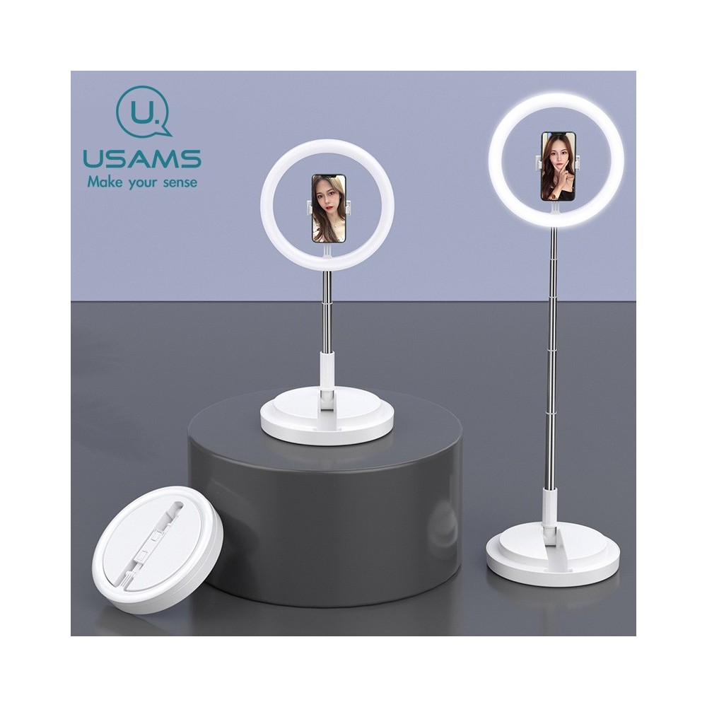 Cercle Selfie LED USAMS ZB120 sur Pied téléscopique - couleur Blanc