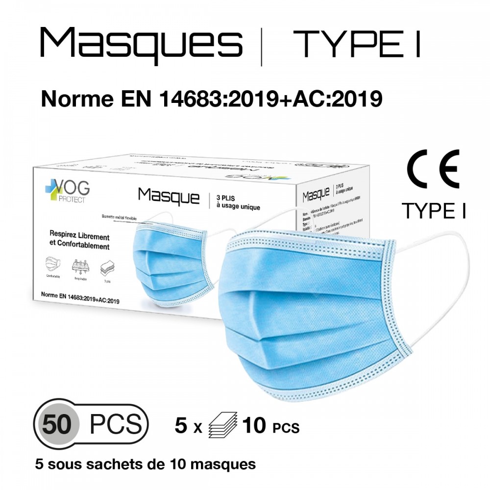 Boite de 50 Masque 3 PLIS TYPE I médical EN14683 - boite Vog Protect