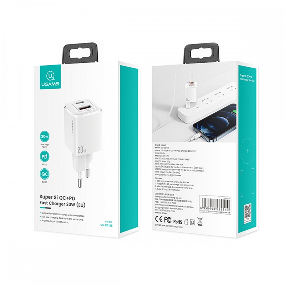 Chargeur secteur USAMS US-CC128 20W QC + PD - double entrée type-C et USB